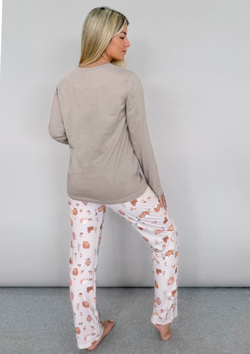 Pijama manga larga Snow jersey estampado invernal beige lavanda borravino - Marcela Koury