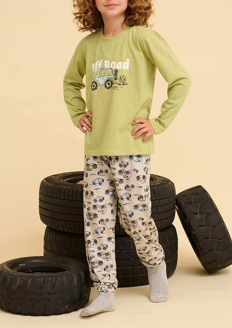 Pijama infantil Off Road jersey manga larga oliva y lavanda - Marcela Koury